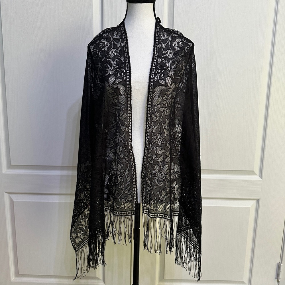 VTG Whimsigoth Sheer Black Floral Lace Wrap Shawl Scarf Fringe Gothic Romantic